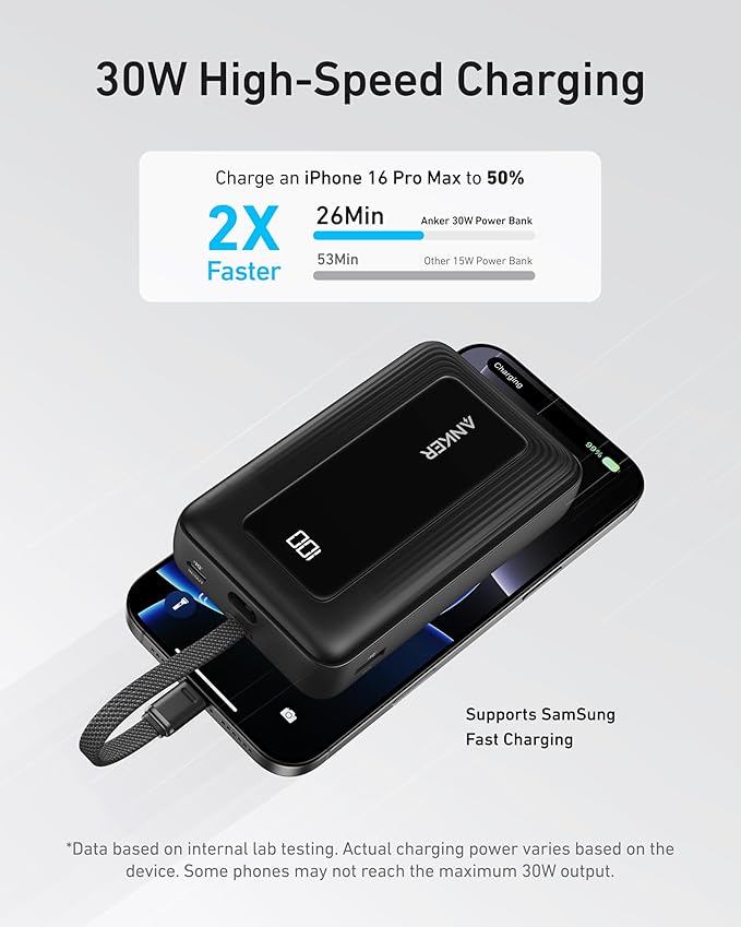 Anker Zolo Power Bank (20K, 30W, Built-In USB-C Cable)