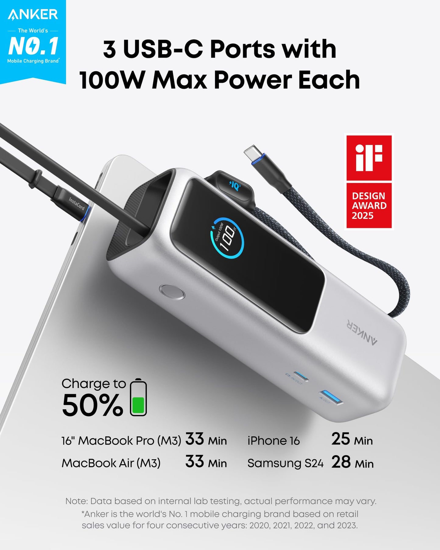 Anker Power Bank (25K, 165W, Built-In and Retractable Cables) Silver
