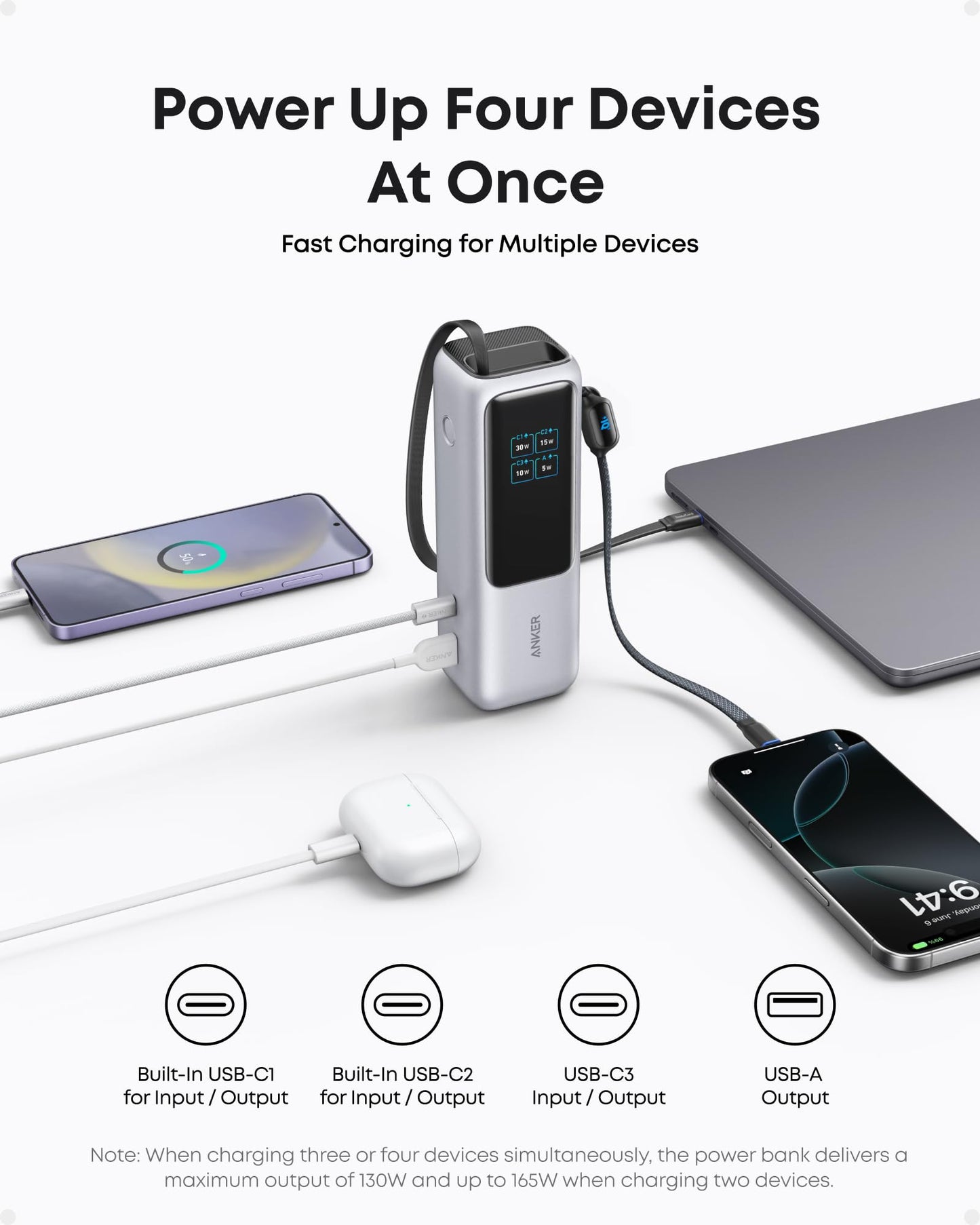 Anker Power Bank (25K, 165W, Built-In and Retractable Cables) Silver