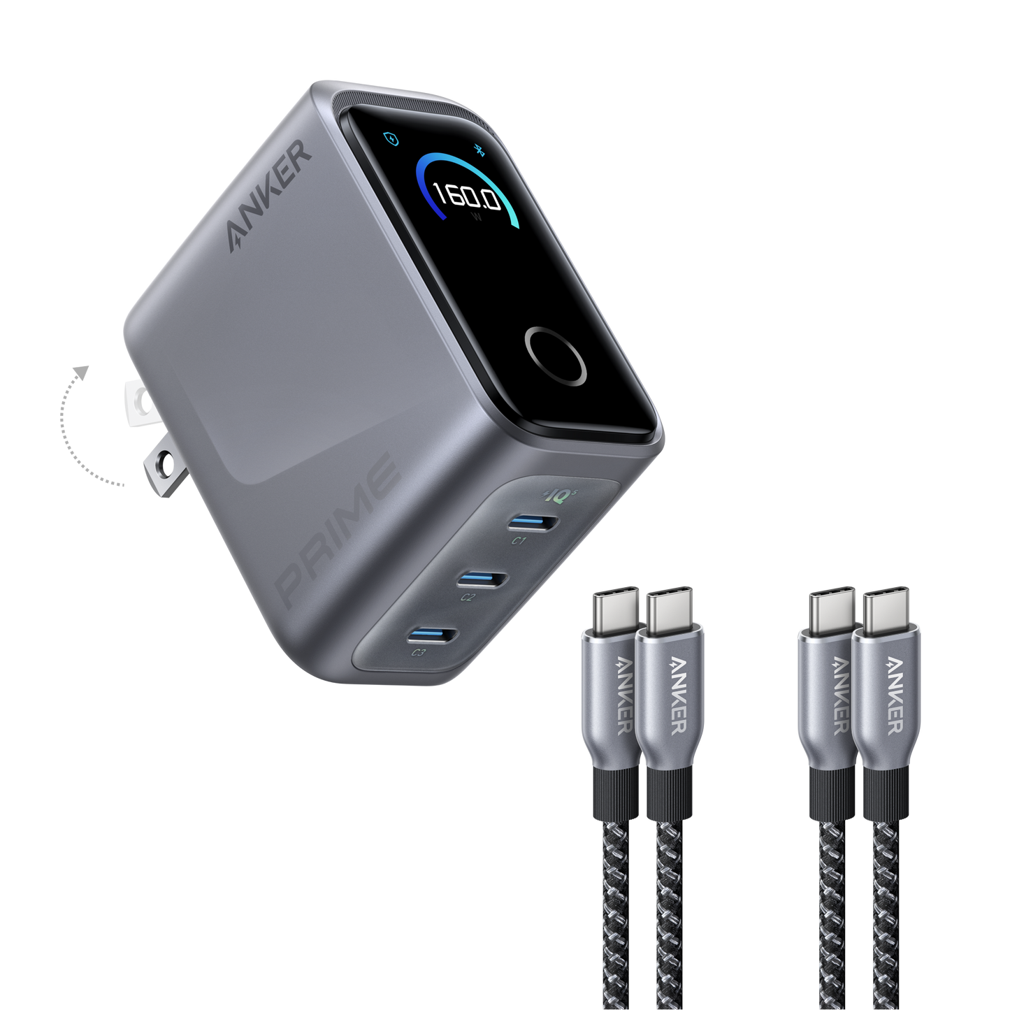 Workspace Power Set | Anker Prime Charger (160W, 3 Ports) with 2-Pack USB-C Cables