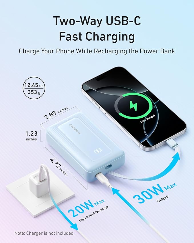 Anker Zolo Power Bank (20K, 30W, Built-In USB-C Cable)