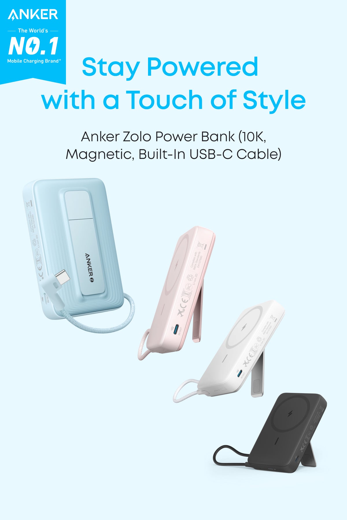 Anker Zolo Power Bank (10K, Magnétique, Câble USB-C intégré)