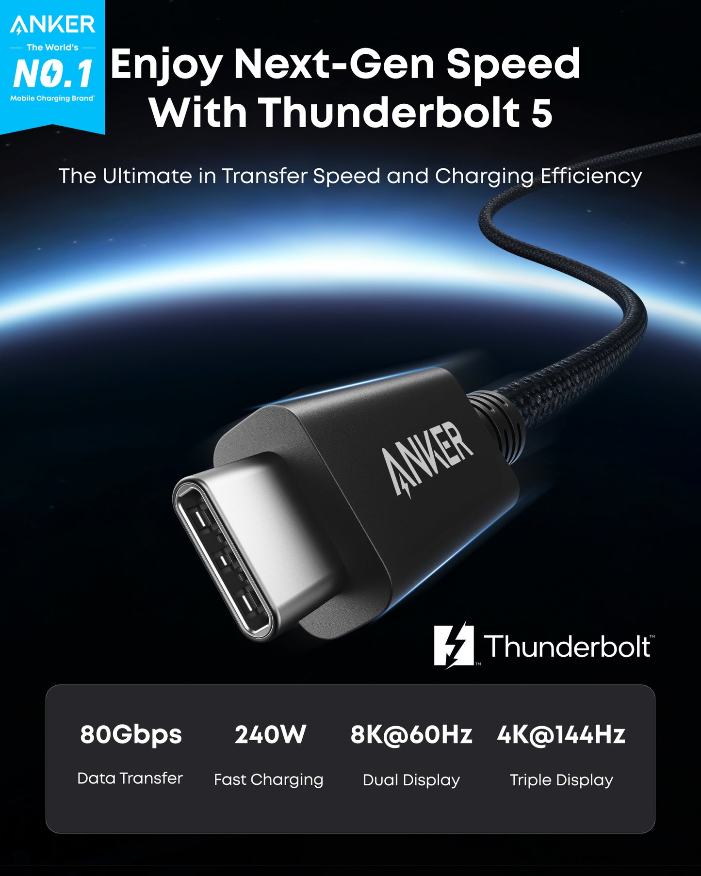 Câble Anker Prime Thunderbolt 5 (3,3 pieds/1,7 pieds, 80 Gbps, 240W)