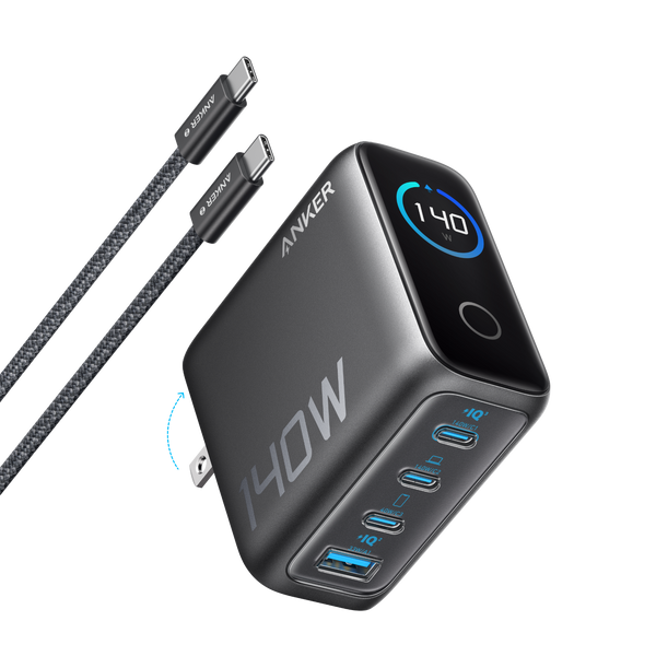 Anker Charger（4 Ports）with USB-C & USB-C Anker 4 ft 2-in-1 USB C to USB C Cable, 140W Max, Fast