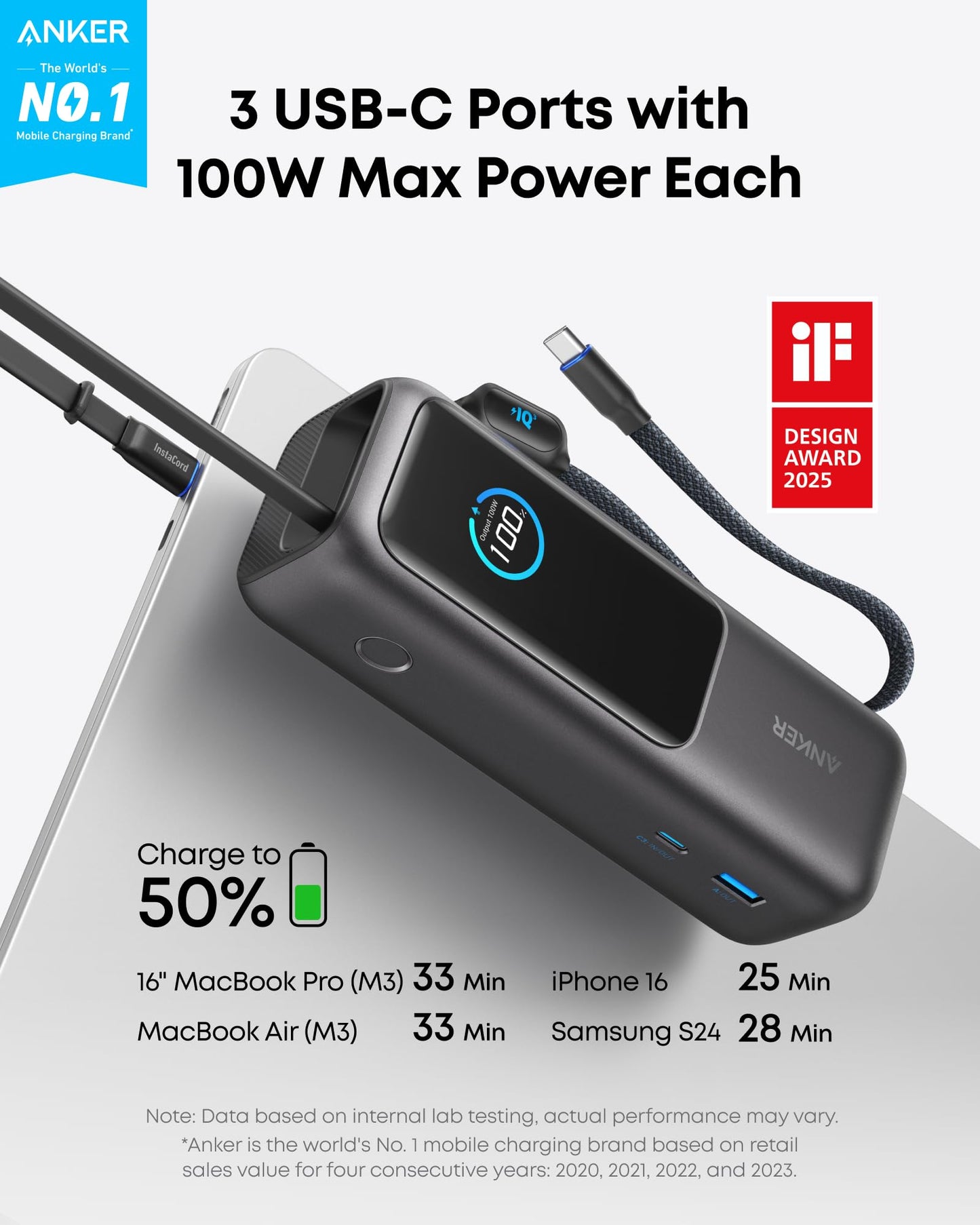 Anker Power Bank (25K, 165W, Built-In Cables) with 240W USB-C Cable
