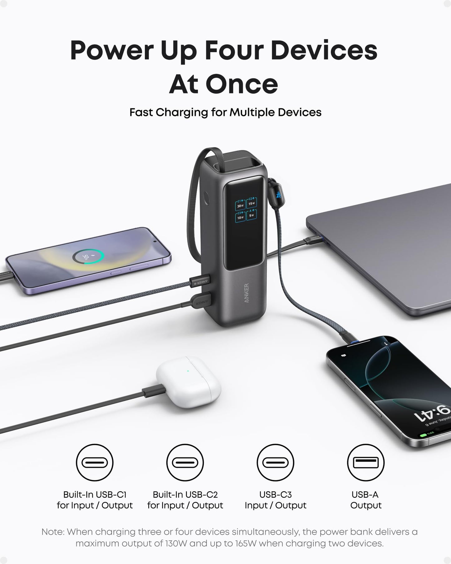 Anker Power Bank (25K, 165W, Built-In Cables) with 240W USB-C Cable