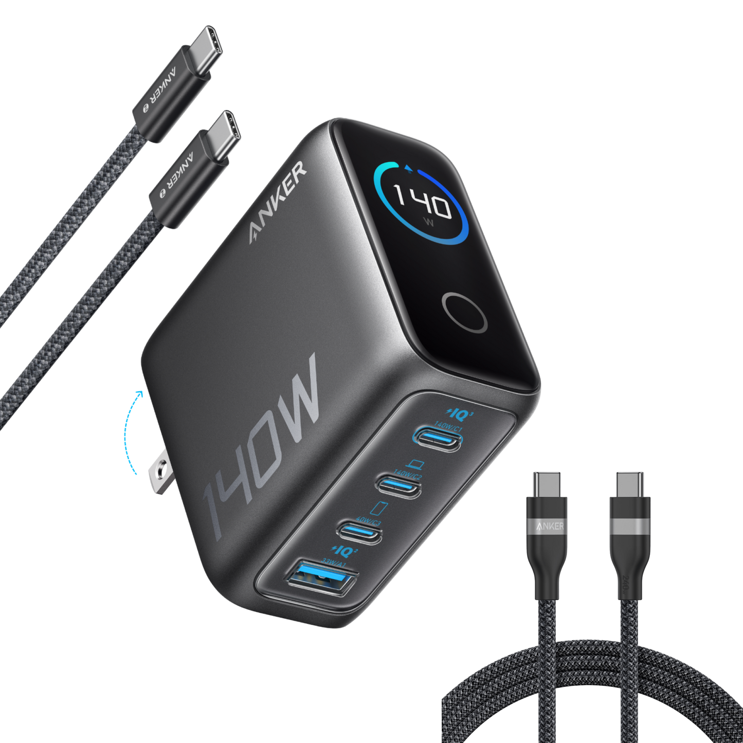 Workspace Power Set | Anker Charger (140W, 4-Port, PD 3.1) with 2-Pack USB-C Cable