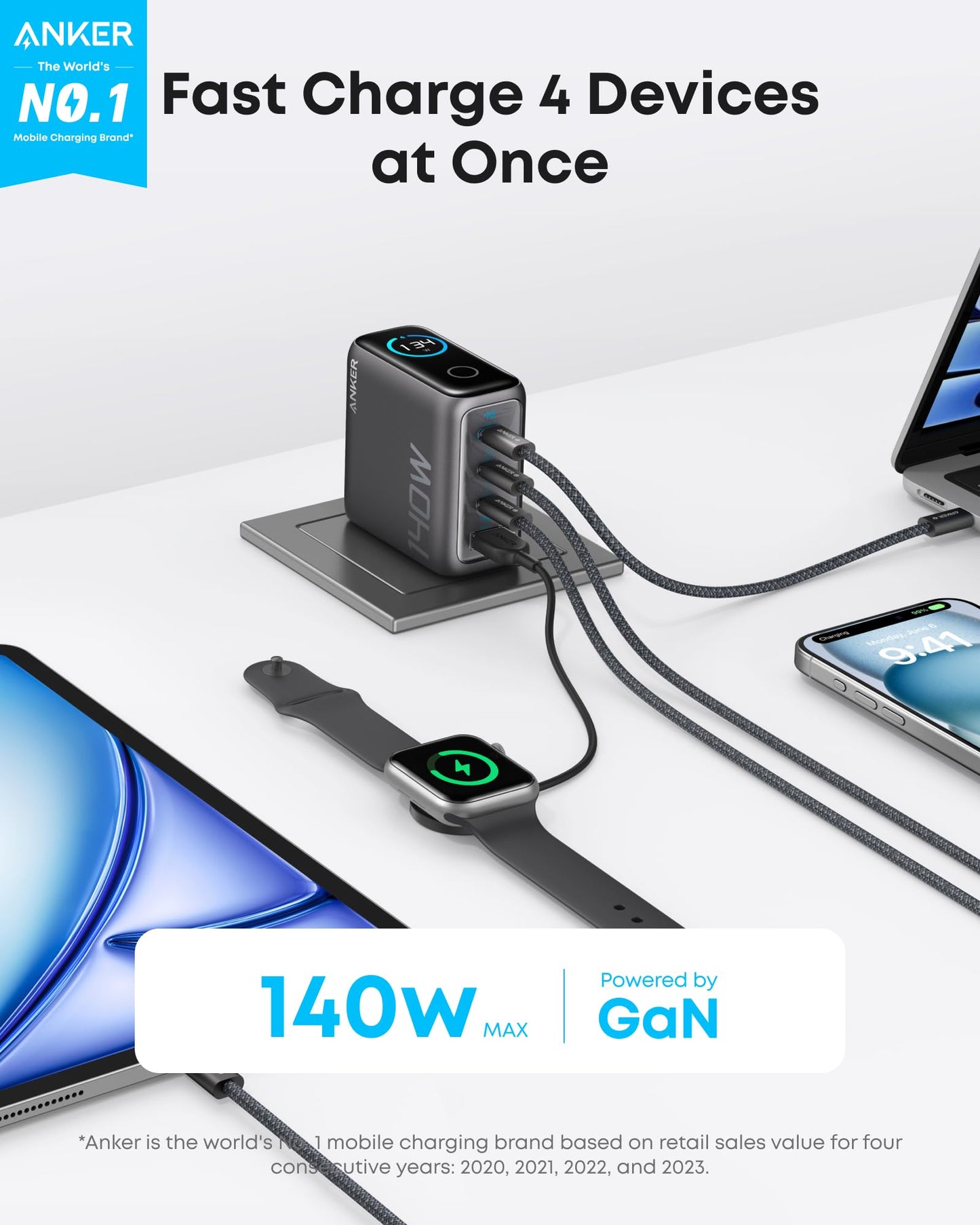 Workspace Power Set | Anker Charger (140W, 4-Port, PD 3.1) with 2-Pack USB-C Cable