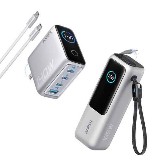 Travel Power Kit | Anker 165W Power Bank and 140W 4-Port Laptop Charger (Silver)