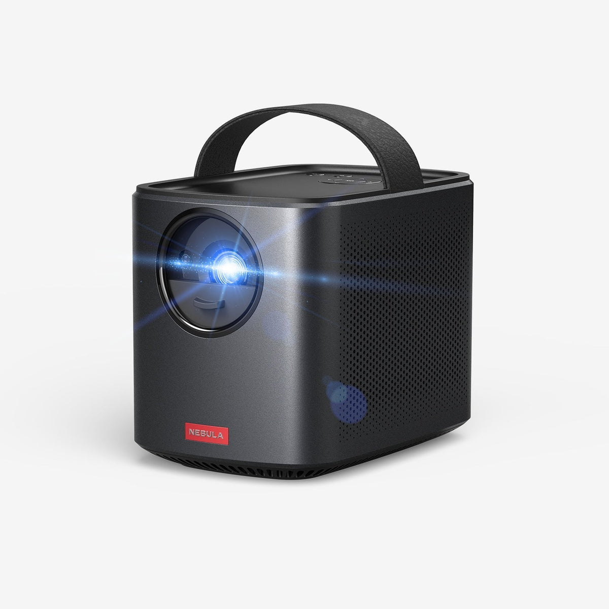 A Nebula Mars II Pro portable projector sits in a white room while displaying a blue light off the screen.